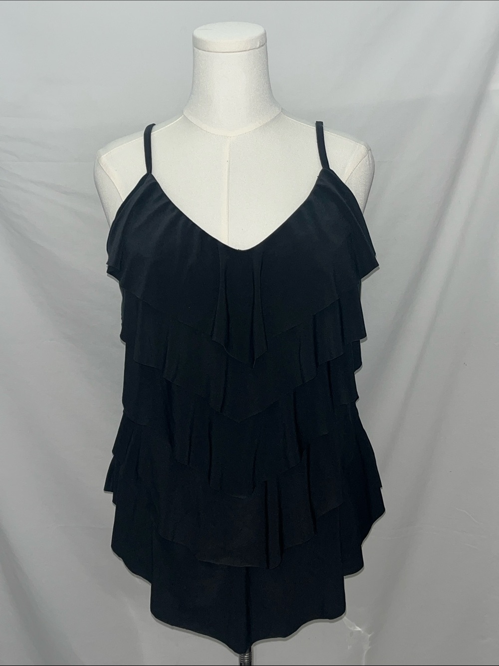 Black Ruffled Swim Bikini Top with Spaghetti Straps